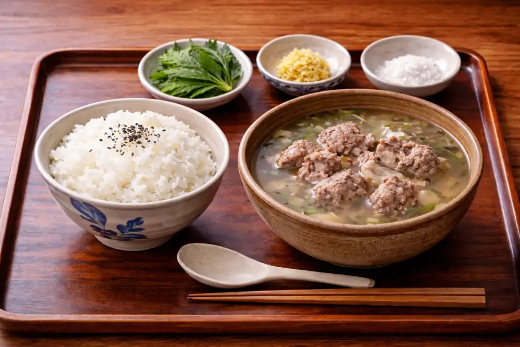 沖縄料理のヤギ汁、黒ごまを振った白米、フーチバー（よもぎ）、おろし生姜、塩が木製トレイに並んだ定食