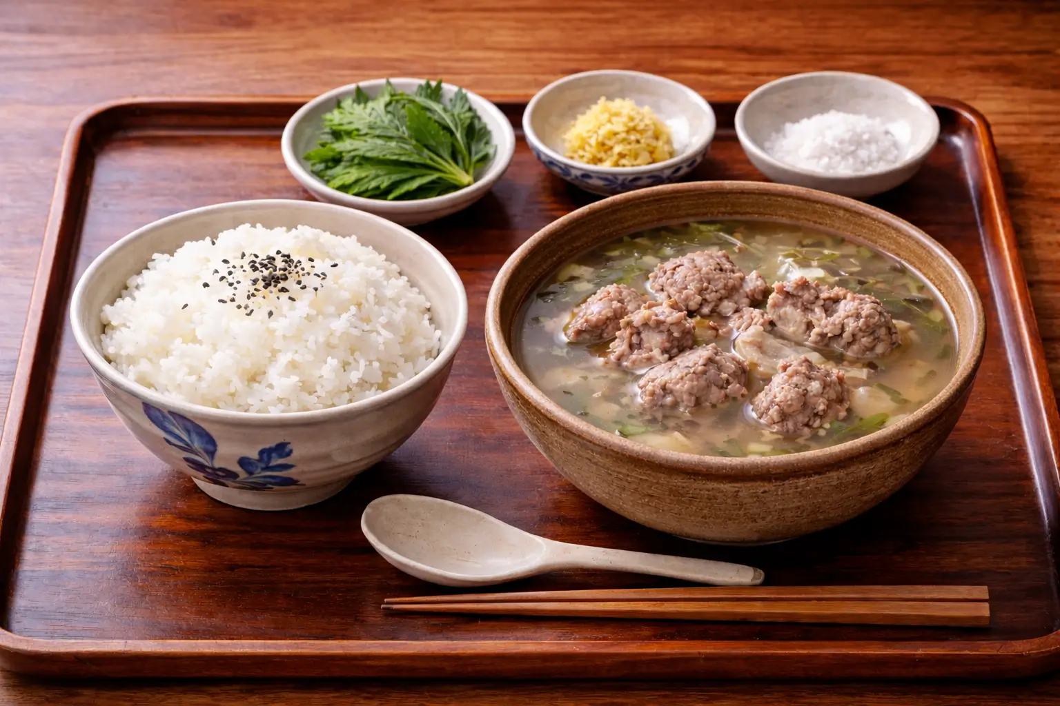 沖縄料理のヤギ汁、黒ごまを振った白米、フーチバー（よもぎ）、おろし生姜、塩が木製トレイに並んだ定食