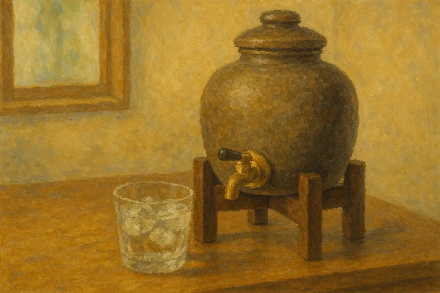 自宅で泡盛を楽しむための焼酎サーバーとロックグラスを描いた油絵。温かい照明に包まれた木のテーブルの上で、家庭的で落ち着いた雰囲気を表現している。