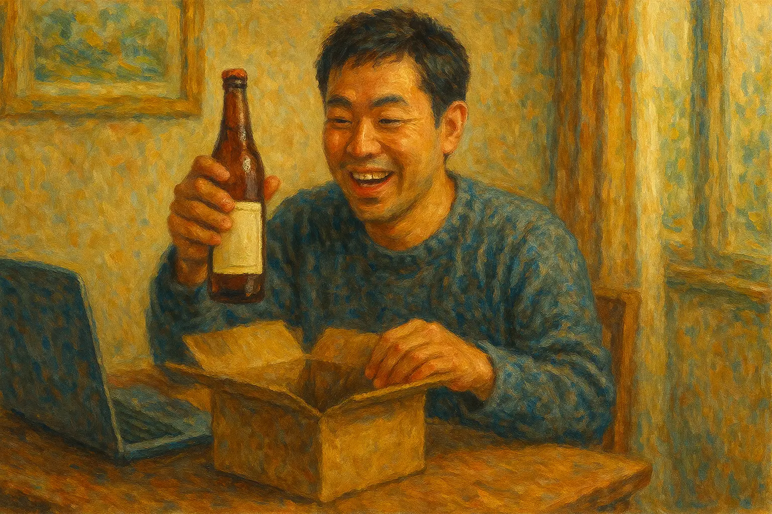 自宅に届いた希少な泡盛を開封して喜ぶ日本人男性を描いた油絵風イラスト。ECサイトで購入した泡波が届き、温かみのある室内で笑顔を見せる場面。