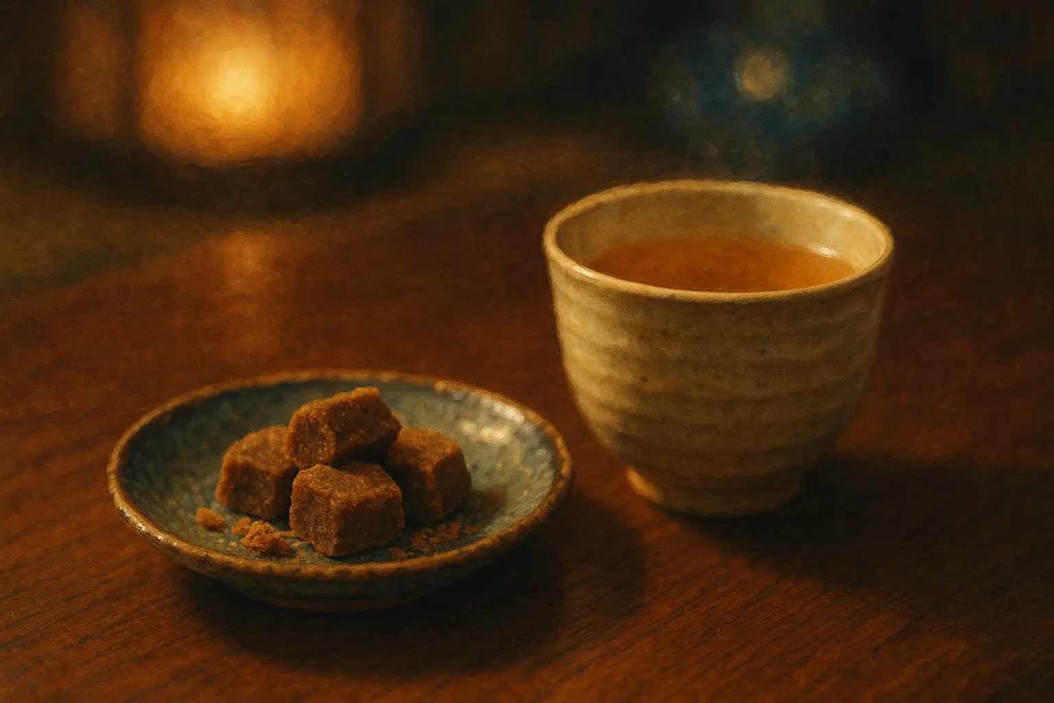 沖縄のやちむん皿に盛られた黒糖と、黄金色に透けるさんぴん茶の湯呑が木目のテーブルに並ぶ。 夜の室内照明に包まれた穏やかな晩酌シーンを油絵風に描いたイメージ。