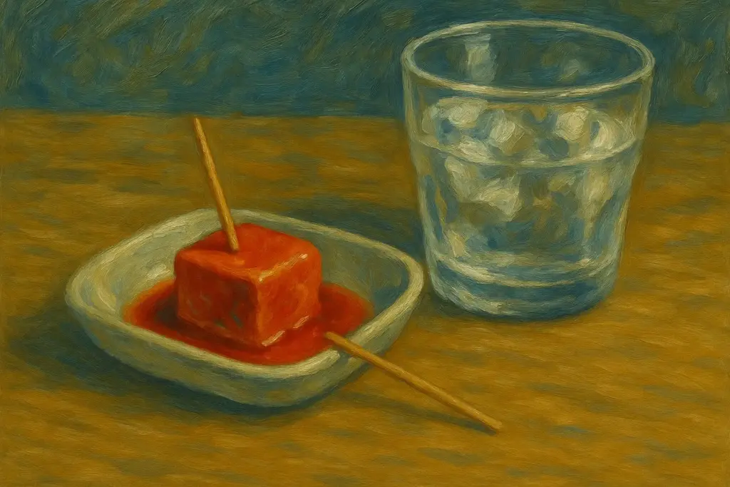 泡盛のロックグラスと沖縄の珍味「豆腐よう」を油絵風に描いたイラスト。小皿の中央に赤褐色の豆腐ようが盛られ、上から爪楊枝が1本刺さっている。皿の横に透明なグラスが置かれ、昼のセンベロ酒場の温かい雰囲気を表現している。