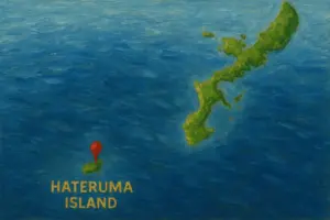 沖縄本島から波照間島までの位置関係を南西方向に正確に描いた油絵風地図イラスト。青い海を背景に、右上に沖縄本島、左下に波照間島を配置し、波照間島に赤いピンが刺さっている。