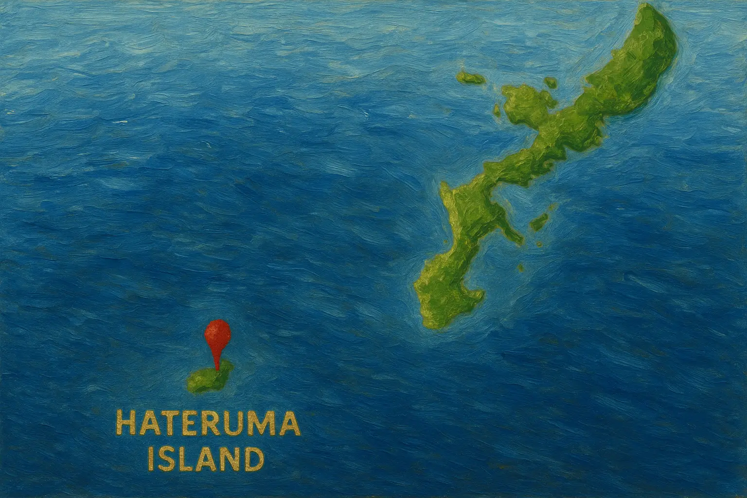 沖縄本島から波照間島までの位置関係を南西方向に正確に描いた油絵風地図イラスト。青い海を背景に、右上に沖縄本島、左下に波照間島を配置し、波照間島に赤いピンが刺さっている。