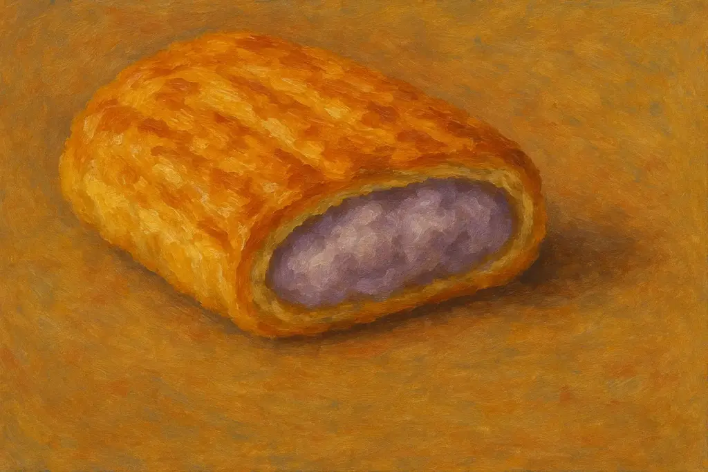 油絵風に描かれた田芋パイのイラスト。沖縄名物の紫色の田芋餡を包んだパイを、温かみのある筆致で表現した横長構図。