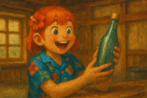 泡波を見つけて歓喜するうむいちゃんを描いた油絵風イラスト。沖縄の木造室内で笑顔を見せながら泡盛のボトルを手に取る様子。