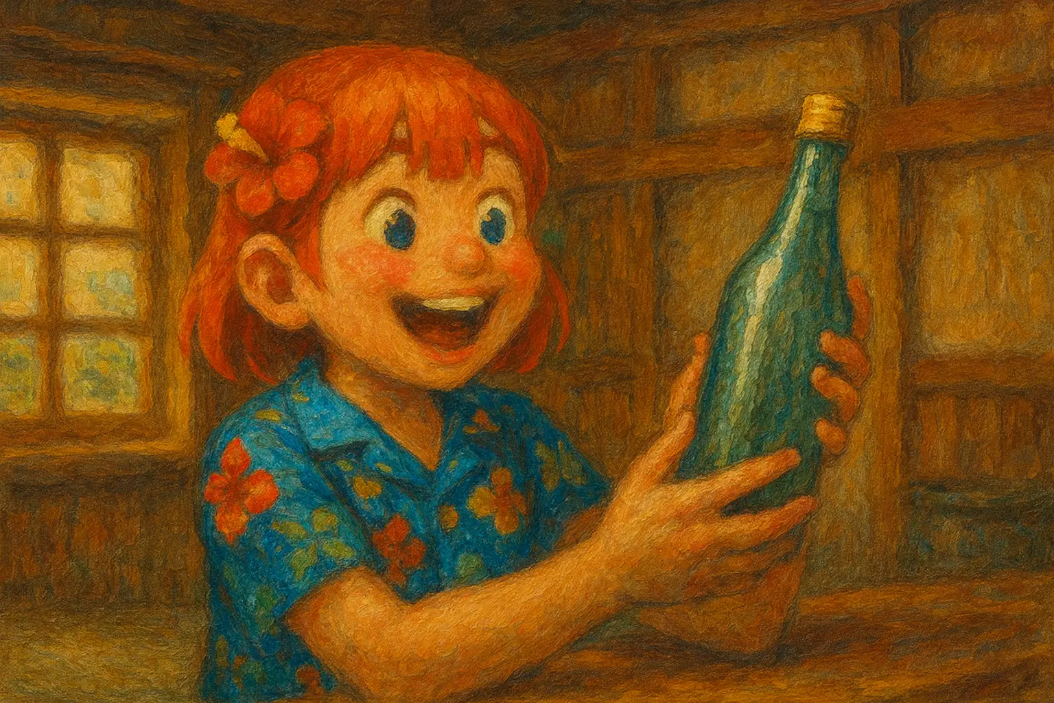 泡波を見つけて歓喜するうむいちゃんを描いた油絵風イラスト。沖縄の木造室内で笑顔を見せながら泡盛のボトルを手に取る様子。