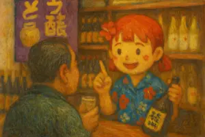 観光物産展で泡盛の飲み方をおすすめするうむいちゃんとお客様を描いた油絵風イラスト。沖縄らしい雰囲気の中で笑顔で接客する様子を表現。