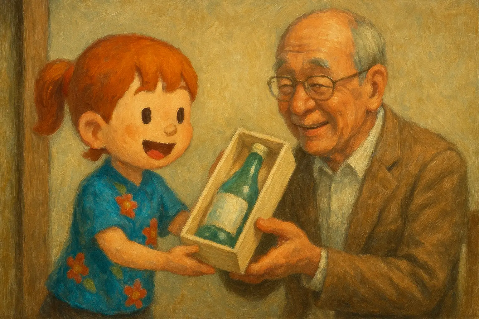 泡波を桐箱に入れて退職する高齢者に贈るうむいちゃんの油絵風イラスト。感謝と祝福の気持ちを込めた贈答シーン。