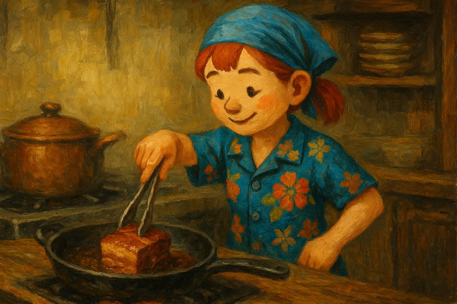 居酒屋の調理場でラフテーを作るうむいちゃんを描いた油絵風イラスト。青い花柄のかりゆし姿で笑顔を見せながら鍋で煮込む様子を表現。沖縄らしい温かみのある厨房の雰囲気。