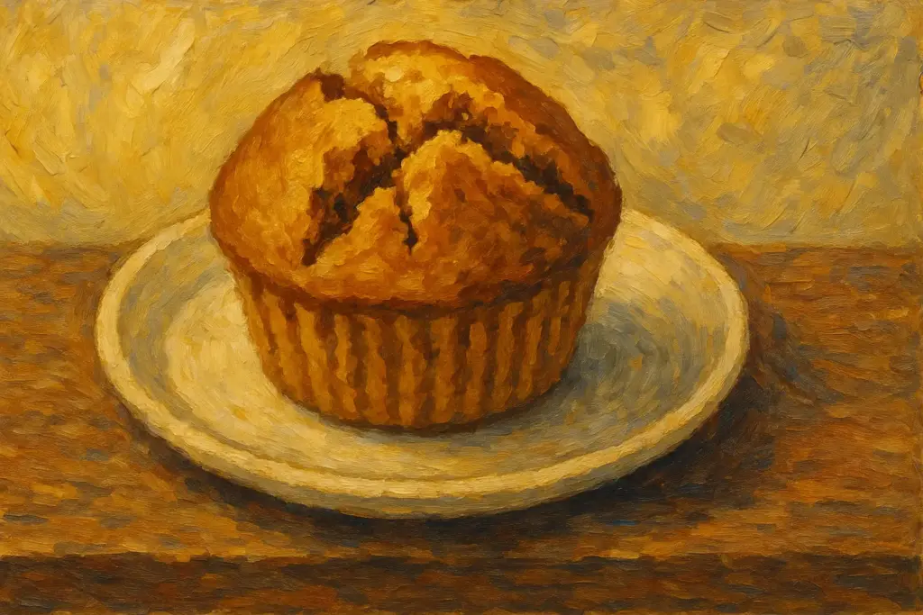 沖縄の素朴なおやつアガラサー（黒糖蒸しパン）が皿にのっている様子を描いた油絵風イラスト。温かみのある色合いと柔らかい筆致で、家庭的な沖縄の味を表現した横長構図。