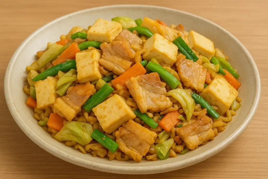 沖縄料理の豚チーイリチーを精細に描いた横長イラスト。豚バラ肉、島豆腐、野菜を炒めた色鮮やかな一皿