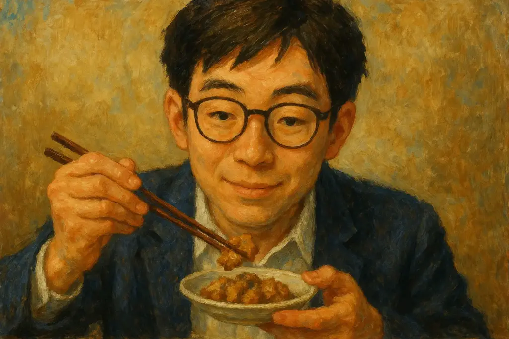 沖縄料理チーイリチーを小皿で箸を使って食べる眼鏡の青年を描いた油絵風イラスト（横長構図）