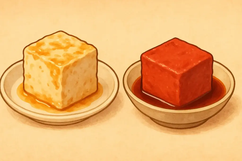 腐乳と豆腐ようを横長構図で描いたイラスト。赤い豆腐ようと白い腐乳が皿に盛られ、柔らかい色合いで質感が分かるように表現されている。