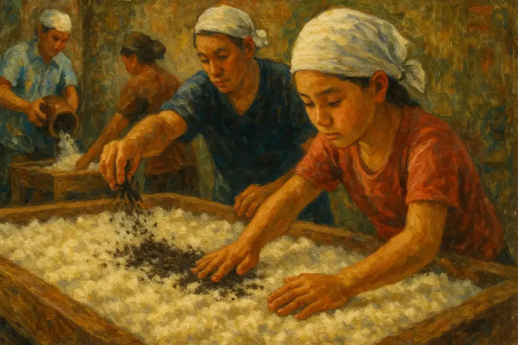 波照間島の家族が蒸したタイ米に黒麹を撒く様子を描いた油絵風横長イラスト