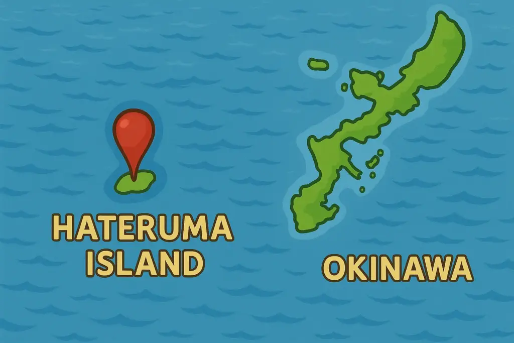 沖縄本島と波照間島を示すチビキャラ風の地図イラスト。青い海の上に島の形とピンが描かれた分かりやすいマップ画像