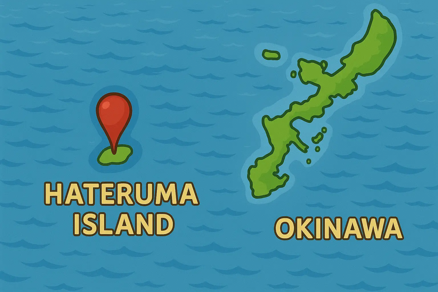 沖縄本島と波照間島を示すチビキャラ風の地図イラスト。青い海の上に島の形とピンが描かれた分かりやすいマップ画像