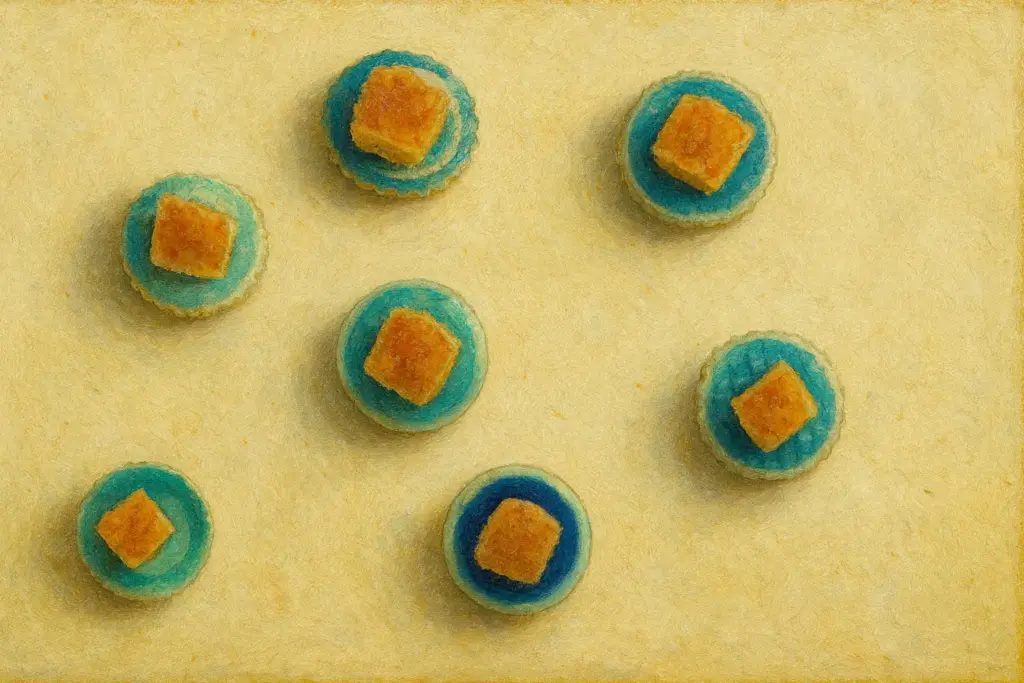 謝花きっぱん店の冬瓜漬けを青い琉球皿に並べた油絵風イラスト 白背景と柔らかい光で上品に描かれた横長構図