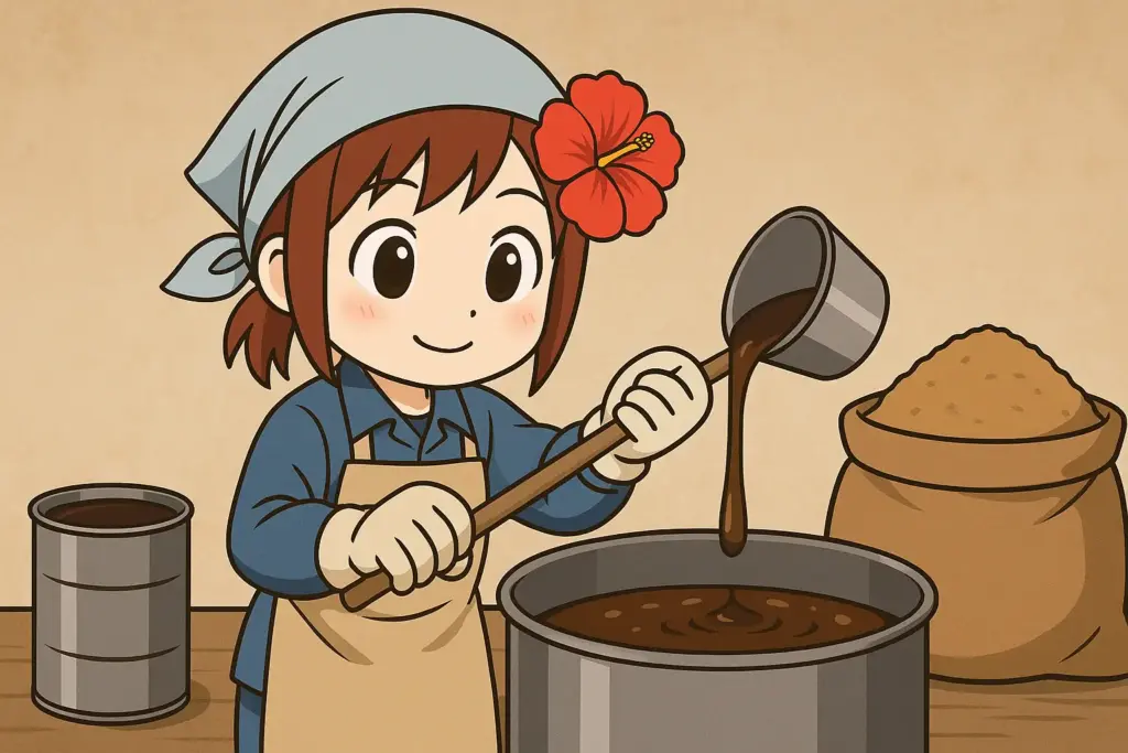 農作業服を着たうむいちゃんが黒糖作りの工程でサトウキビ汁に粗糖と糖蜜を加えて混ぜている横長イラスト