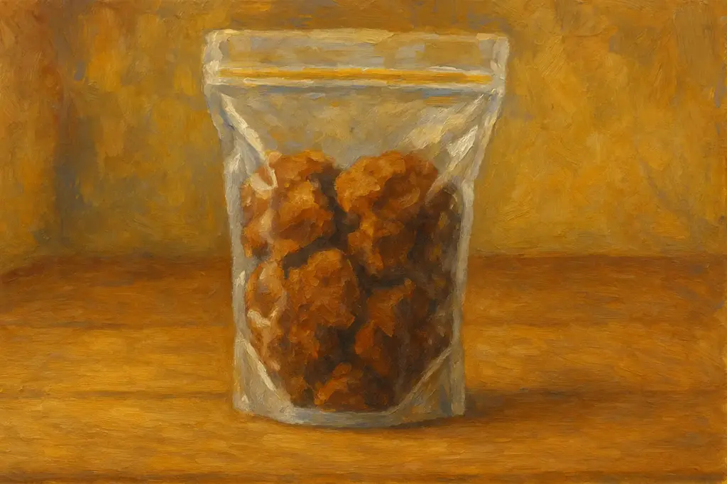 テーブルの上に常温で置かれた、袋の口をしっかり閉じた黒糖製品を描いた油絵風イラスト。透明な袋の中に黒糖の塊が見え、温かい光と木目の質感が柔らかい筆致で表現された横長構図。