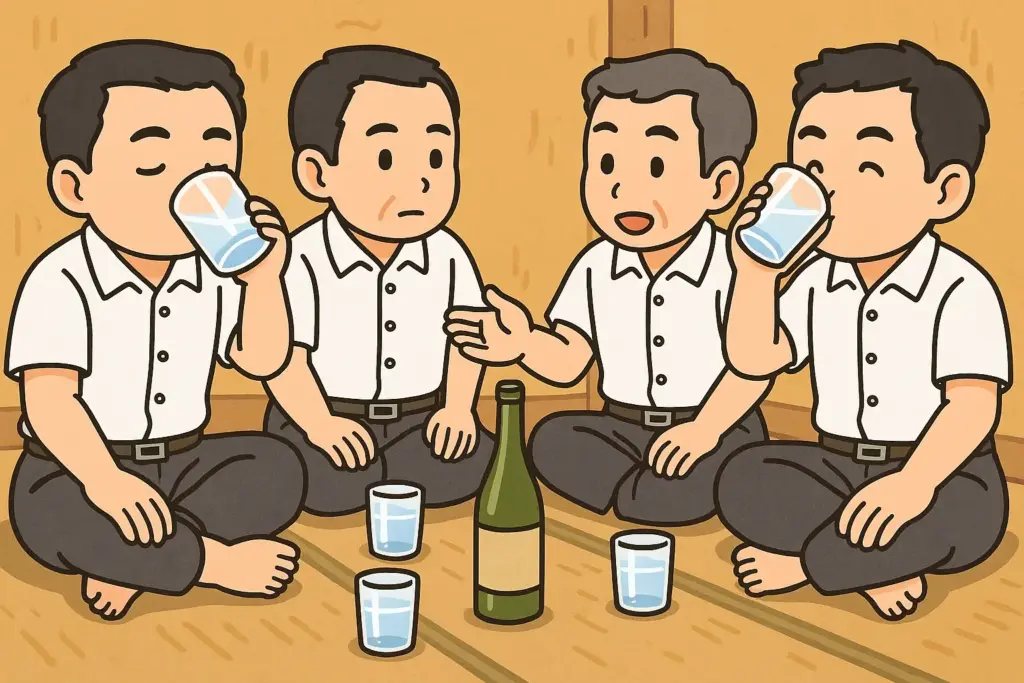 畳の部屋で白いシャツの男性たちが透明の飲み物を囲んで語り合うイラスト