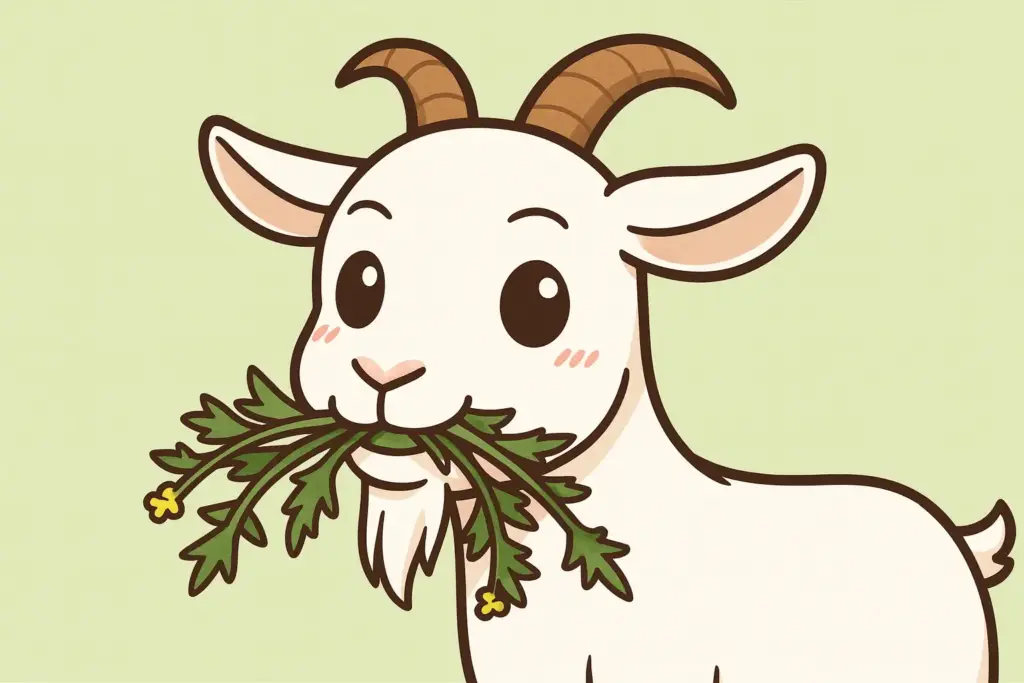 沖縄のヤギが雑草を咀嚼している様子を横長アニメ風に描いたイラスト