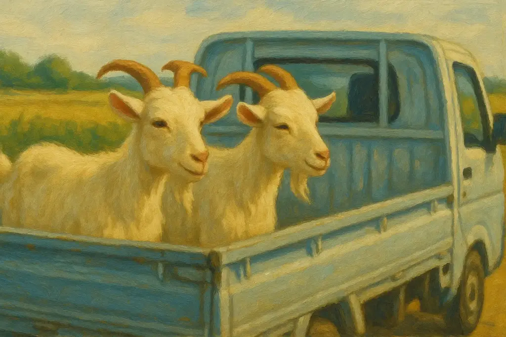 トラックで移送される2匹のヤギを描いた沖縄の風景を背景にした油絵風横長イラスト