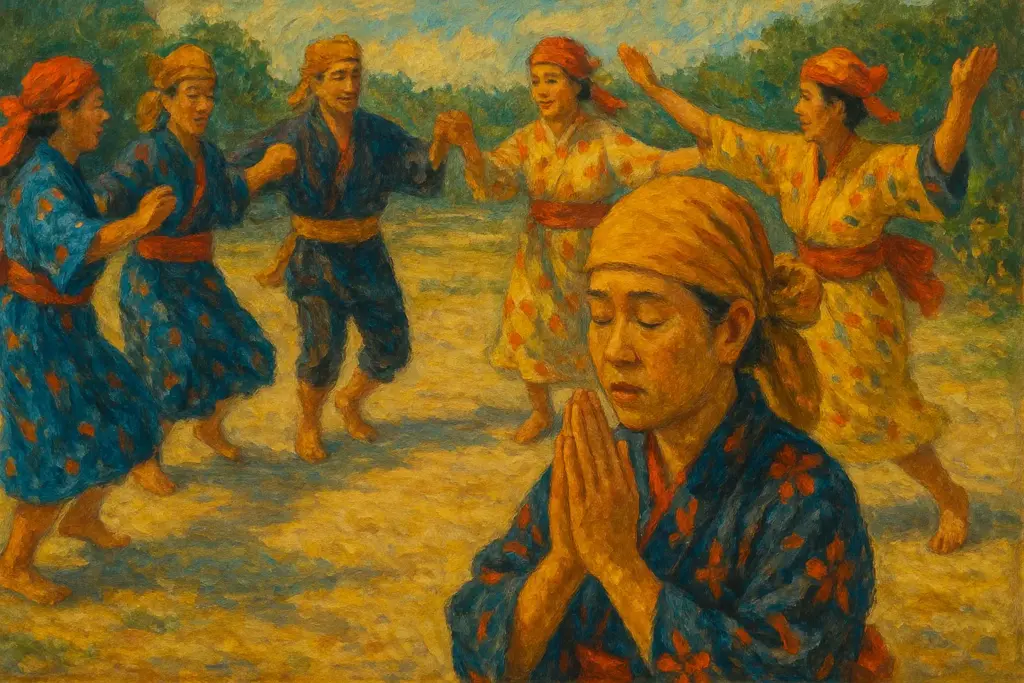 沖縄の地域祭りで祈りを込めて円陣で踊る人々を描いた油絵風横長イラスト