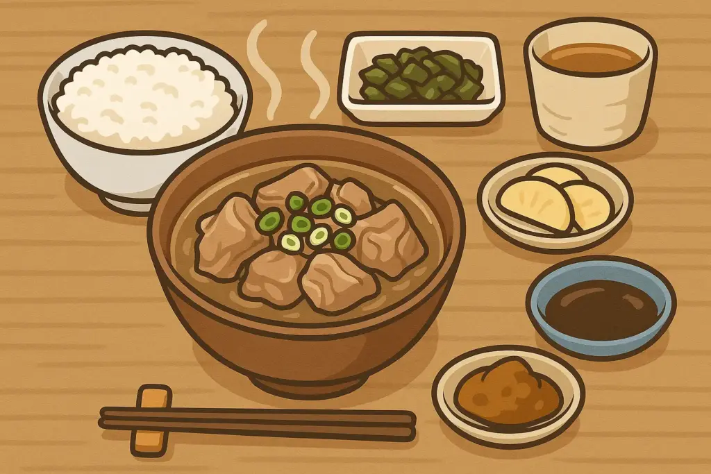 沖縄料理のヤギ汁定食を横長構図で描いたイラスト。ヤギ汁、ご飯、漬物、和え物、味噌などの小鉢が並ぶ定食の全体がわかる画像