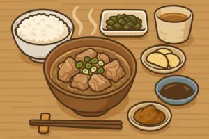 沖縄料理のヤギ汁定食を横長構図で描いたイラスト。ヤギ汁、ご飯、漬物、和え物、味噌などの小鉢が並ぶ定食の全体がわかる画像