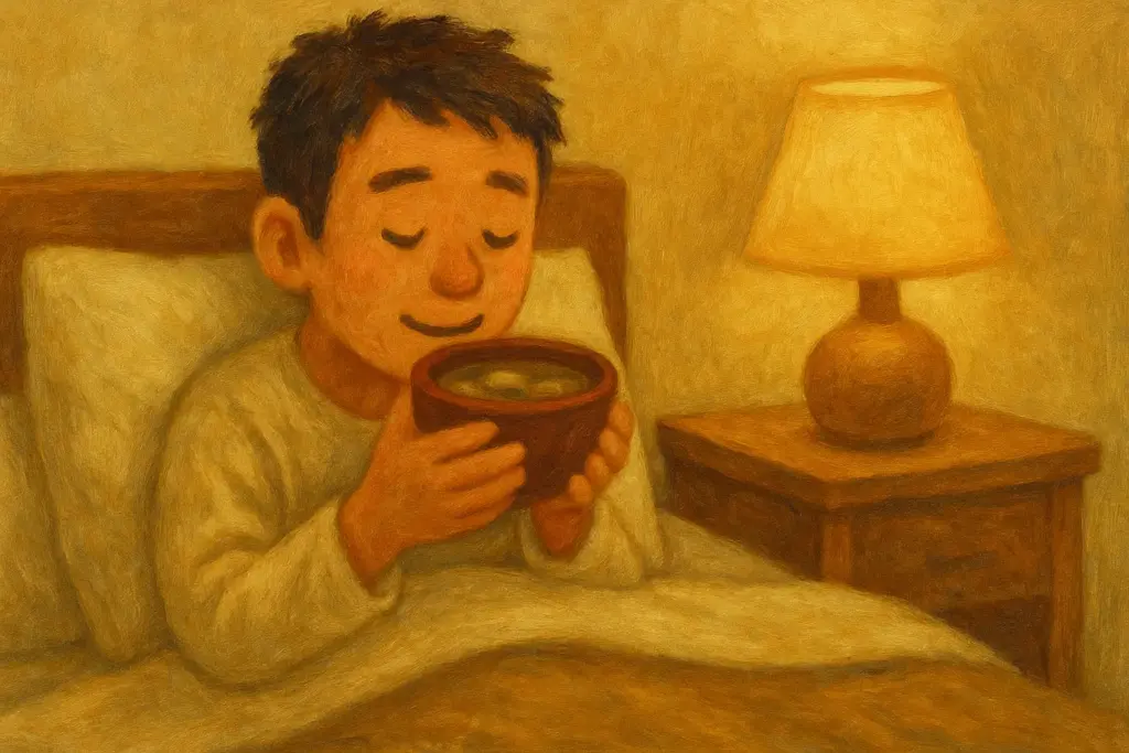 布団から体を起こした人が疲れを癒やすように温かい山羊汁を飲んでいる様子を描いた油絵風横長イラスト