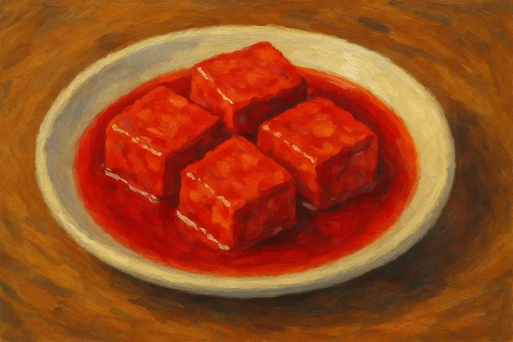 白い皿に盛られた紅腐乳を油絵風タッチで描いた横長イラスト。濃い赤色の発酵液に浸かった豆腐が印象的な構図。