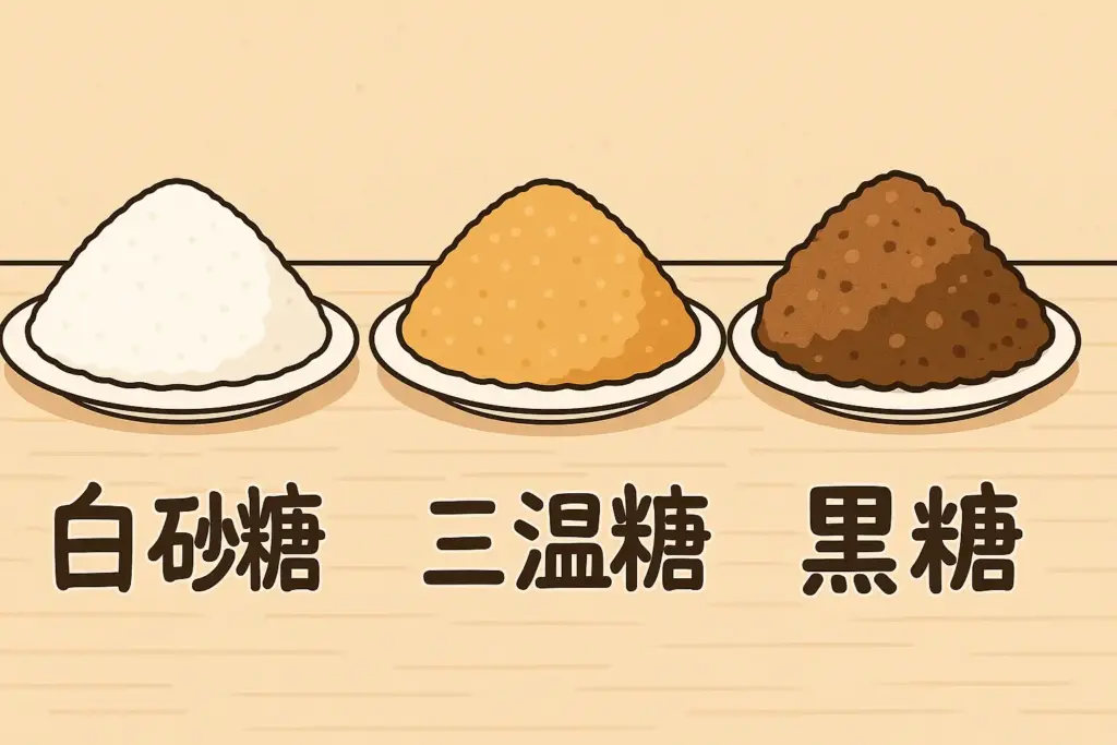 白砂糖・三温糖・黒糖を皿に盛って並べた比較イラスト。うむいちゃんの画風で描いた横長構図