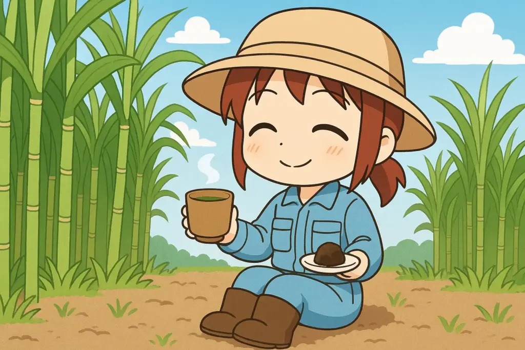 サトウキビ畑で作業着姿のうむいちゃんがお茶と黒糖を持って休憩している横長イラスト