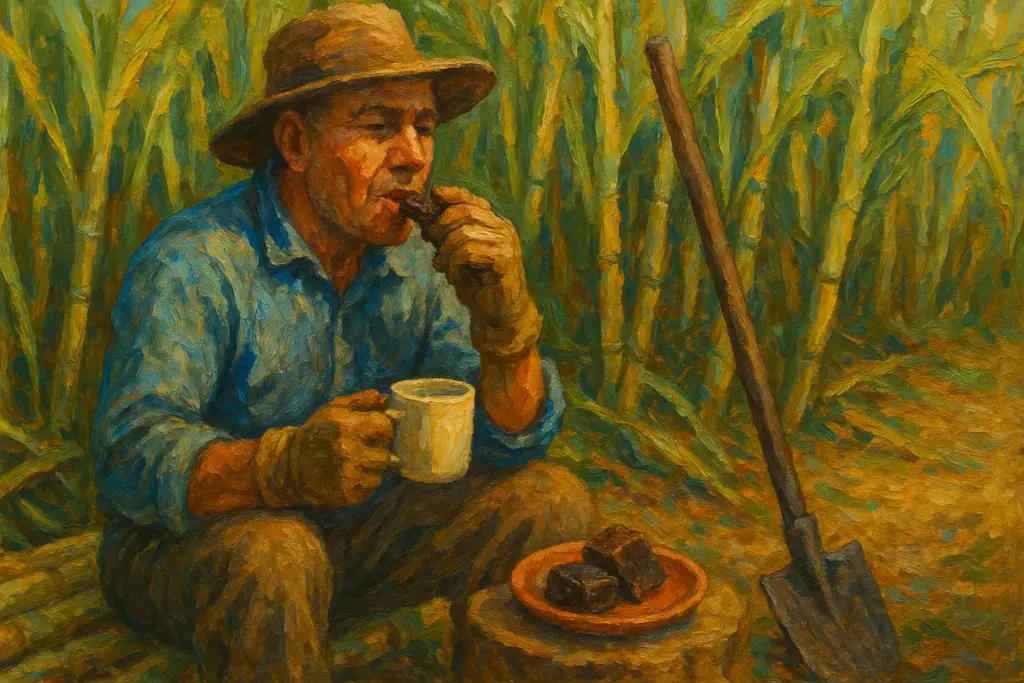 サトウキビ畑の中で作業員が休憩し、お茶を飲みながら黒糖を齧ってエネルギーチャージしている様子を描いた油絵風イラスト。背景には青空とサトウキビ畑が広がり、温かみのある筆致で表現された横長構図。