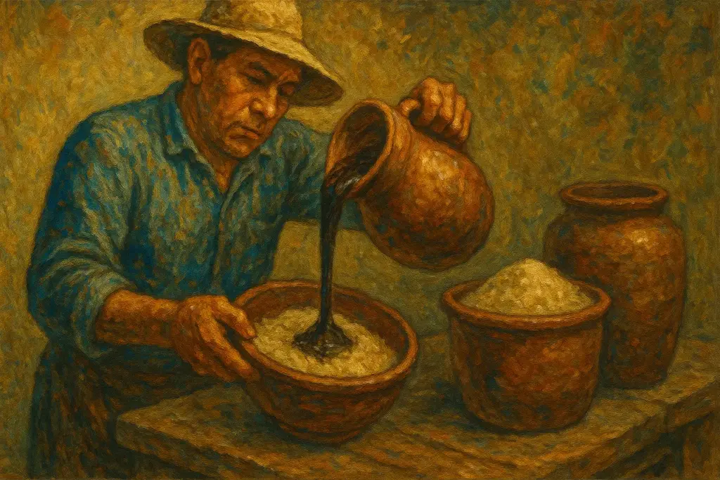 サトウキビジュースに糖蜜や粗糖を加えて風味を調整する様子を描いた油絵風イラスト。職人が壺から黒い糖蜜を注ぎ、伝統的な製糖作業を行う姿を温かみのある筆致で表現した横長構図。