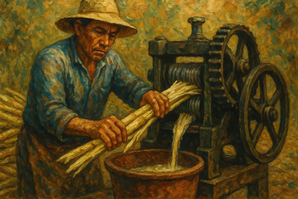 サトウキビを圧搾機で搾り、黄金色の絞り汁を取り出す作業の様子を描いた油絵風のイラスト。伝統的な製糖工程を力強く表現した横長構図。