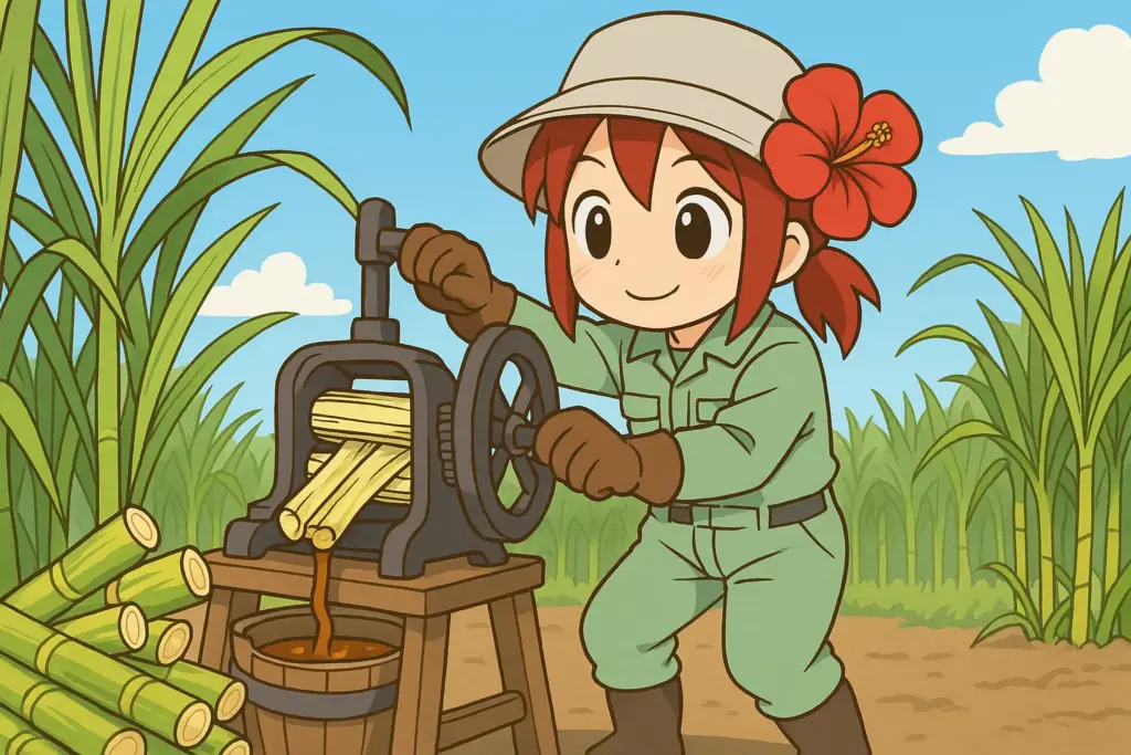 農作業服に着替えたうむいちゃんがサトウキビを搾って黒糖の原料となる汁を出している様子のイラスト