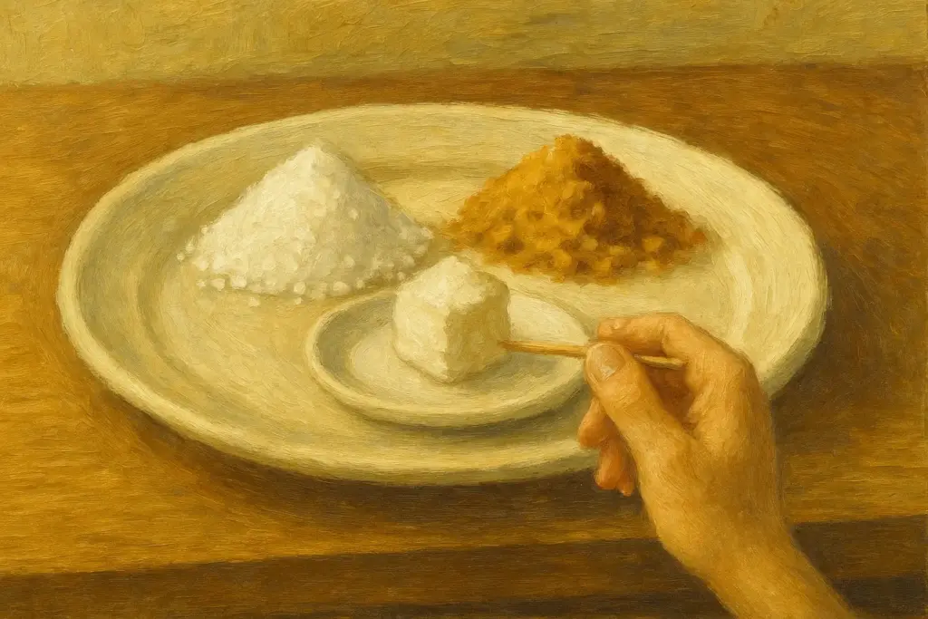 白砂糖・グラニュー糖・三温糖を一枚の皿に盛り付けた様子を描いた油絵風横長イラスト