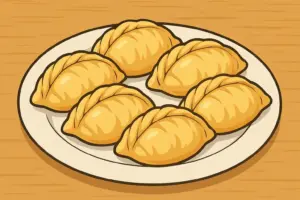 餃子のように包まれた田芋パイが皿に並んだ様子を描いた横長イラスト（うむいちゃん画風のシンプルで柔らかいタッチ）