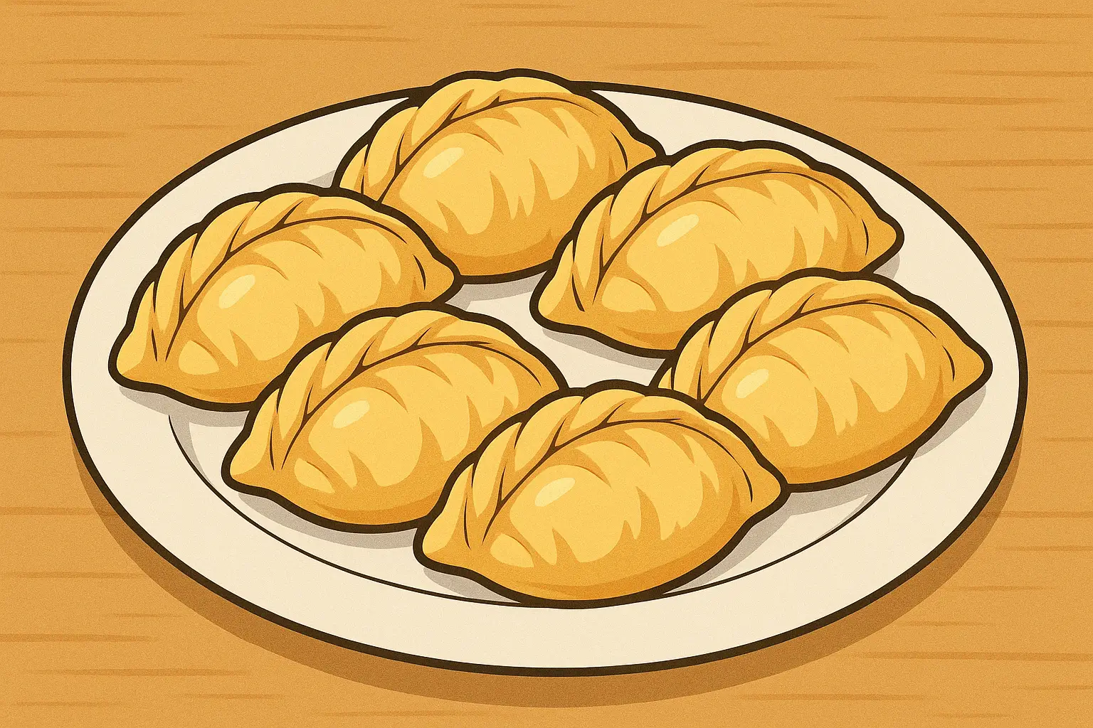 餃子のように包まれた田芋パイが皿に並んだ様子を描いた横長イラスト（うむいちゃん画風のシンプルで柔らかいタッチ）