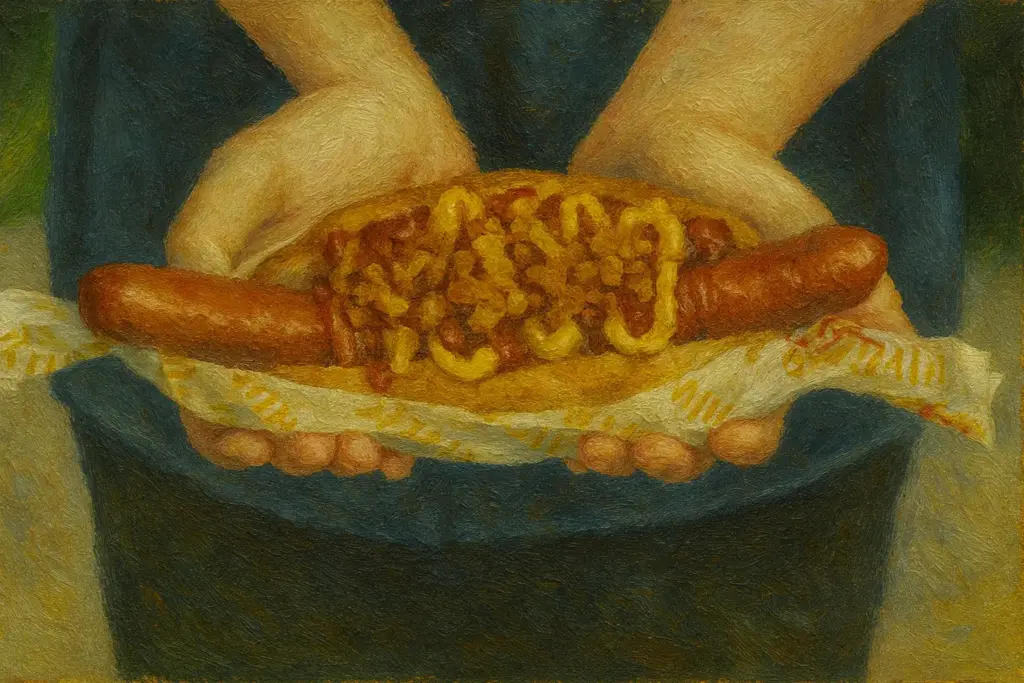 沖縄TESIOの手作りソーセージホットドッグを手に持つ様子を描いた油絵風イラスト 横長構図 温かみのある筆致