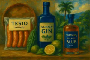 TESIOソーセージと沖縄クラフトジン、沖縄アイランドブルーライスウイスキーを横一列に並べた油絵風の横長イラスト