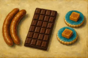 沖縄土産3選 TESIOのソーセージ・TIMELESS CHOCOLATEのチョコレート・謝花きっぱん店の冬瓜漬けを木のテーブルに並べた油絵風イラスト 横長構図