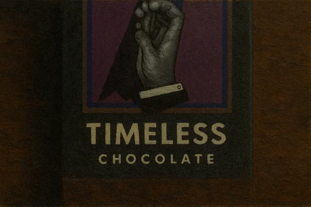 TIMELESS CHOCOLATEのチョコレートバーを木のテーブルに置いた油絵風イラスト 深みのあるブラウンと紫の色調で描かれた横長構図