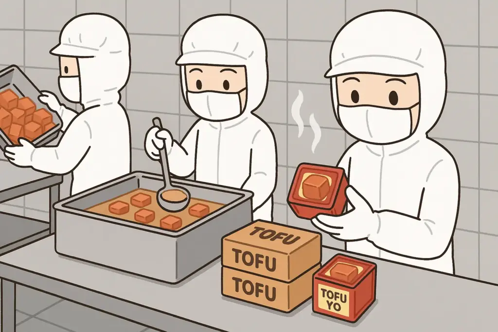 食品工場で衛生服を着た作業員が豆腐ようを製造する様子を描いた横長イラスト。仕込みから箱詰めまでの工程が分かる食品衛生基準対応の作業風景