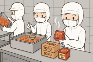 食品工場で衛生服を着た作業員が豆腐ようを製造する様子を描いた横長イラスト。仕込みから箱詰めまでの工程が分かる食品衛生基準対応の作業風景