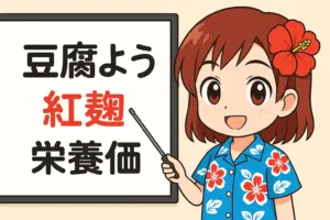 ホワイトボードに「豆腐よう・紅麹・栄養価」と書かれ、うむいちゃんが指し棒で説明しているイラスト