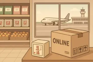 スーパーの棚に豆腐ようが並び、窓の外には空港の滑走路と飛行機が見える。通販用の段ボール箱も置かれ、スーパー・空港・オンライン購入を連想させる落ち着いた雰囲気のイラスト。
