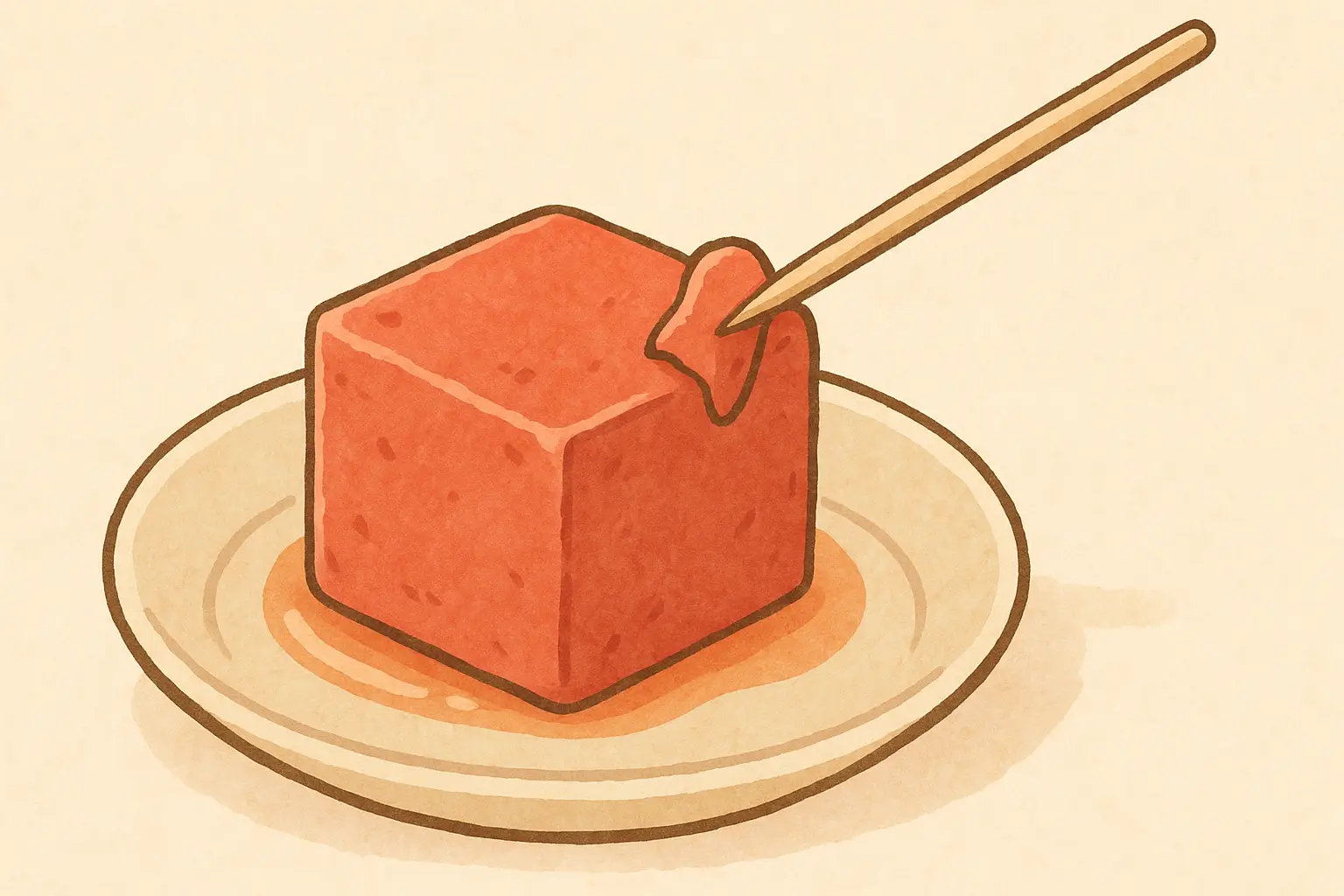 豆腐ようの角を爪楊枝で少しそぎ取る様子を描いた横長イラスト。皿の上の豆腐ようから赤い身が滑らかに削ぎ落とされている。